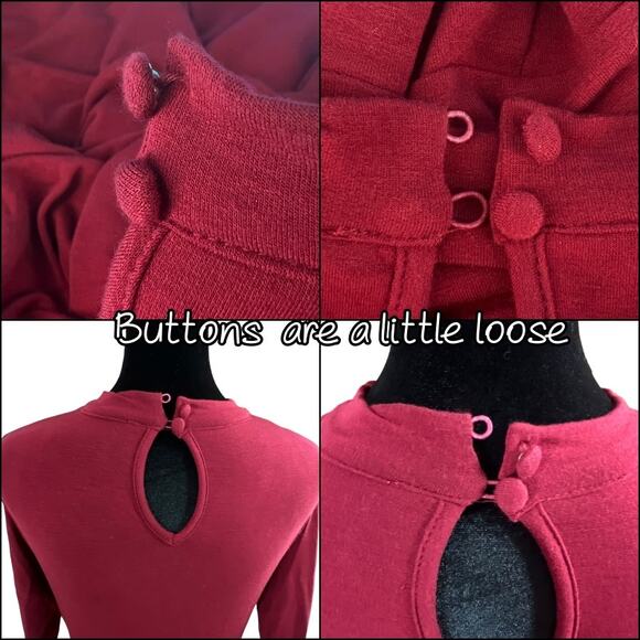 Burgundy Choker Collar Drop Waist Tunic Dress Pleated With Pockets Size Small - Picture 5 of 11